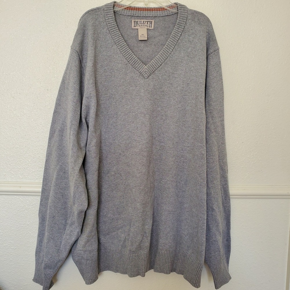 Duluth Sweater Mens V-Neck 2XL Plus Sz Gray Cotton Blend Shirt Long Sleeve Thick